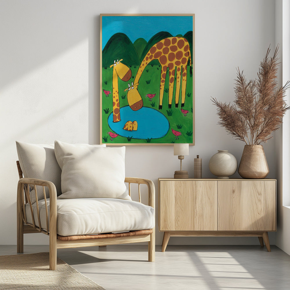 Mommy with Baby Giraffe in a Watering Hole by Artist Carla Daly - Poster / Art Print - interiör