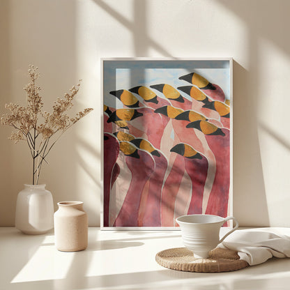 Group of Pink Flamingos With Heads Up - Poster / Art Print - interiör