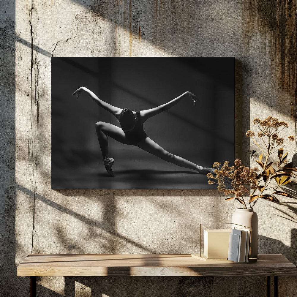 soaring. A ballerina in a pointe shoes in a lunge with her arms outstretched like wings - Poster / Art Print - interiör