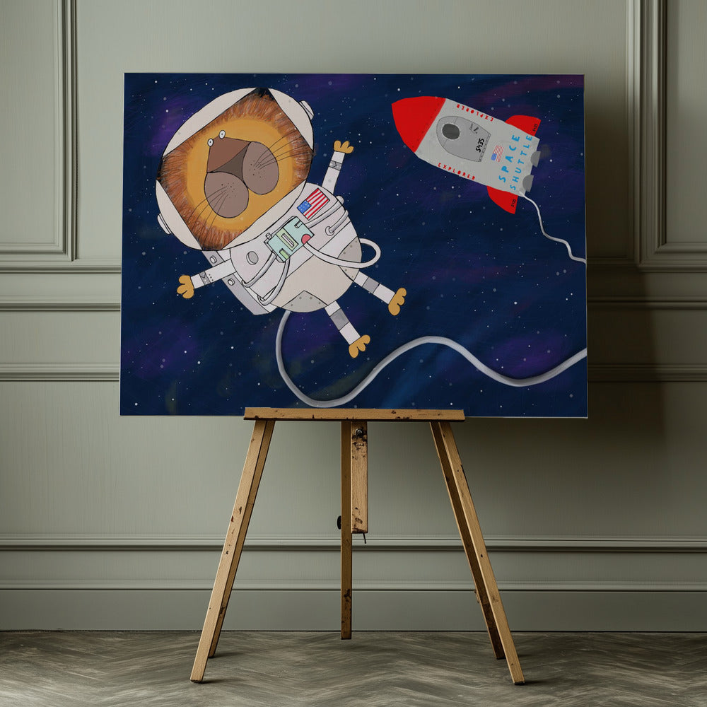 Funny Lion Astronaut is Swirling in Space by Artist Carla Daly - Poster / Art Print - interiör
