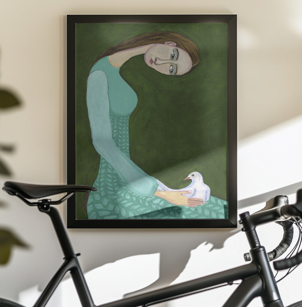 Lady sitting with white dove bird woman - Poster / Art Print - interiör