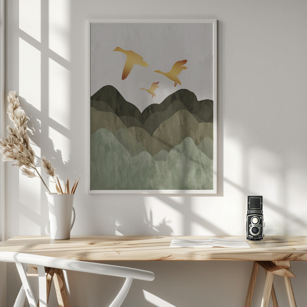 Golden Birds Flying Over Mountains - Poster / Art Print - interiör