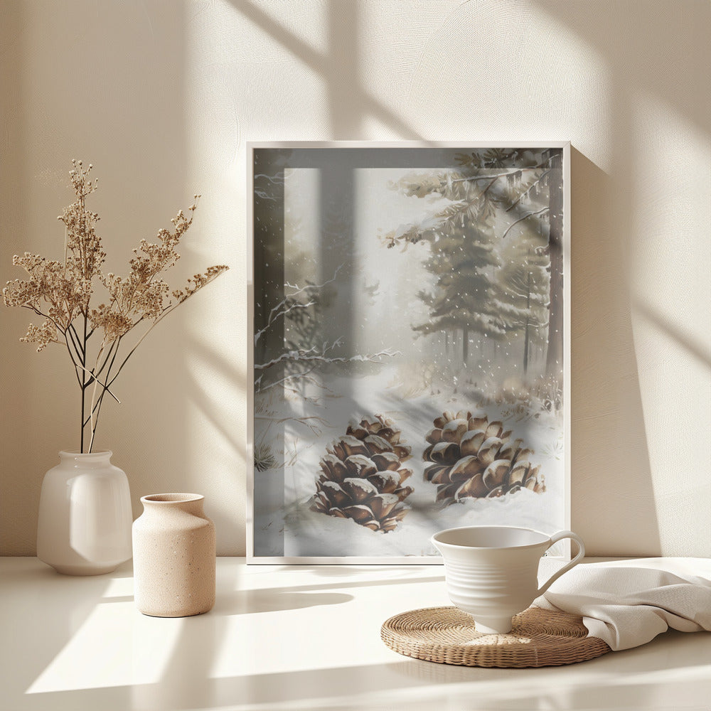 Pine Cones In Snow - Poster / Art Print - interiör