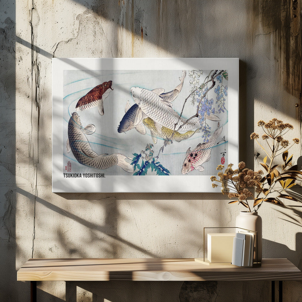 Six Carp Swimming Beneath Wisteria (1889) - Poster / Art Print - interiör