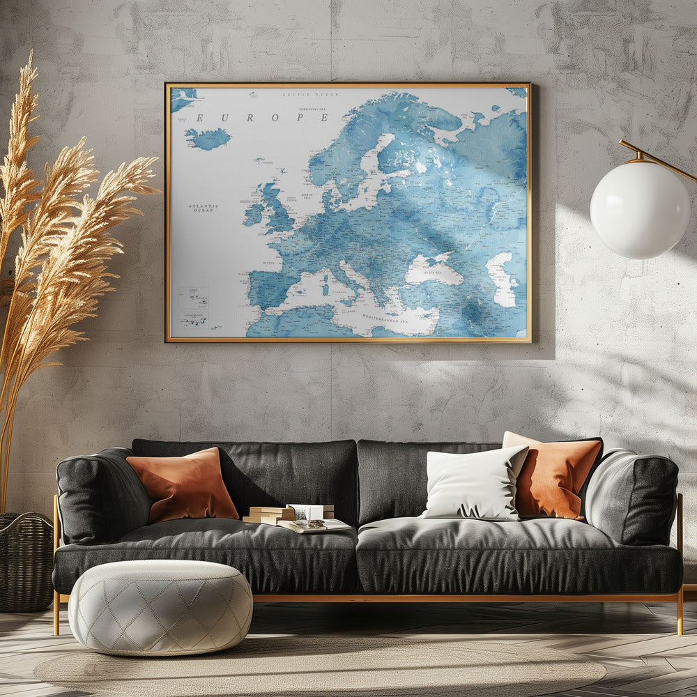 Blue detaljerade Europakarta - Poster / Art Print - interiör