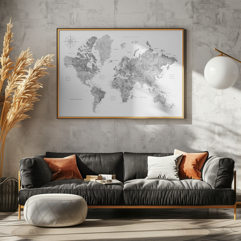 Världskarta i gråskala vattenfärg - Poster / Art Print - interiör
