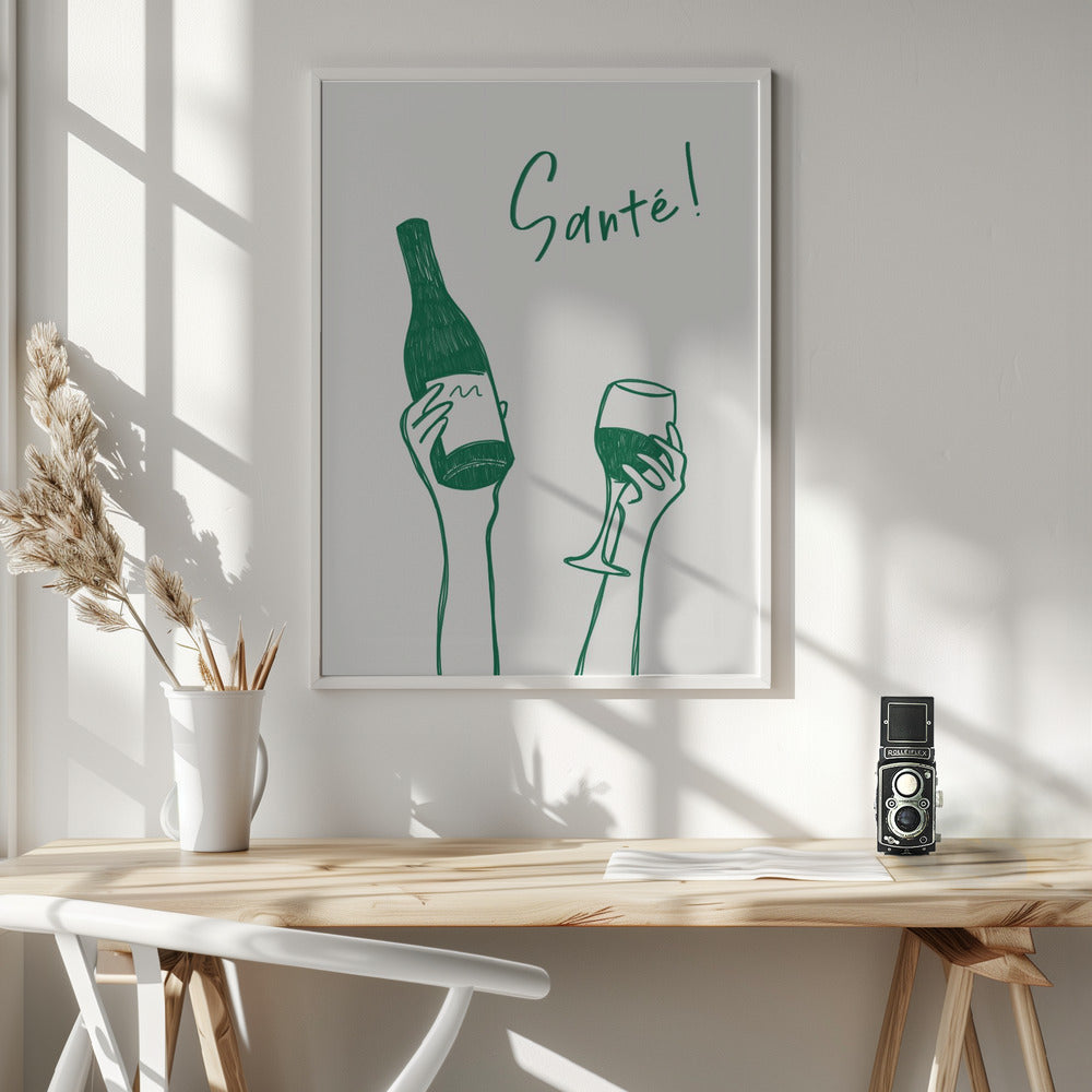 Hands holding a wine bottle and a wine glass with the text "Cheers!" in French - Poster / Art Print - interiör