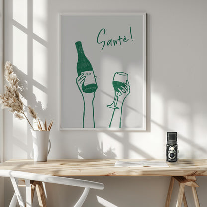 Hands holding a wine bottle and a wine glass with the text "Cheers!" in French - Poster / Art Print - interiör