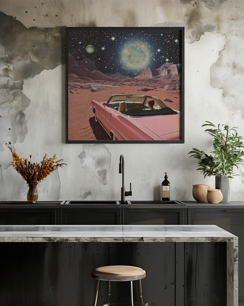 Pink Vintage Car In Space Collage Art 2 - Poster / Art Print - interiör