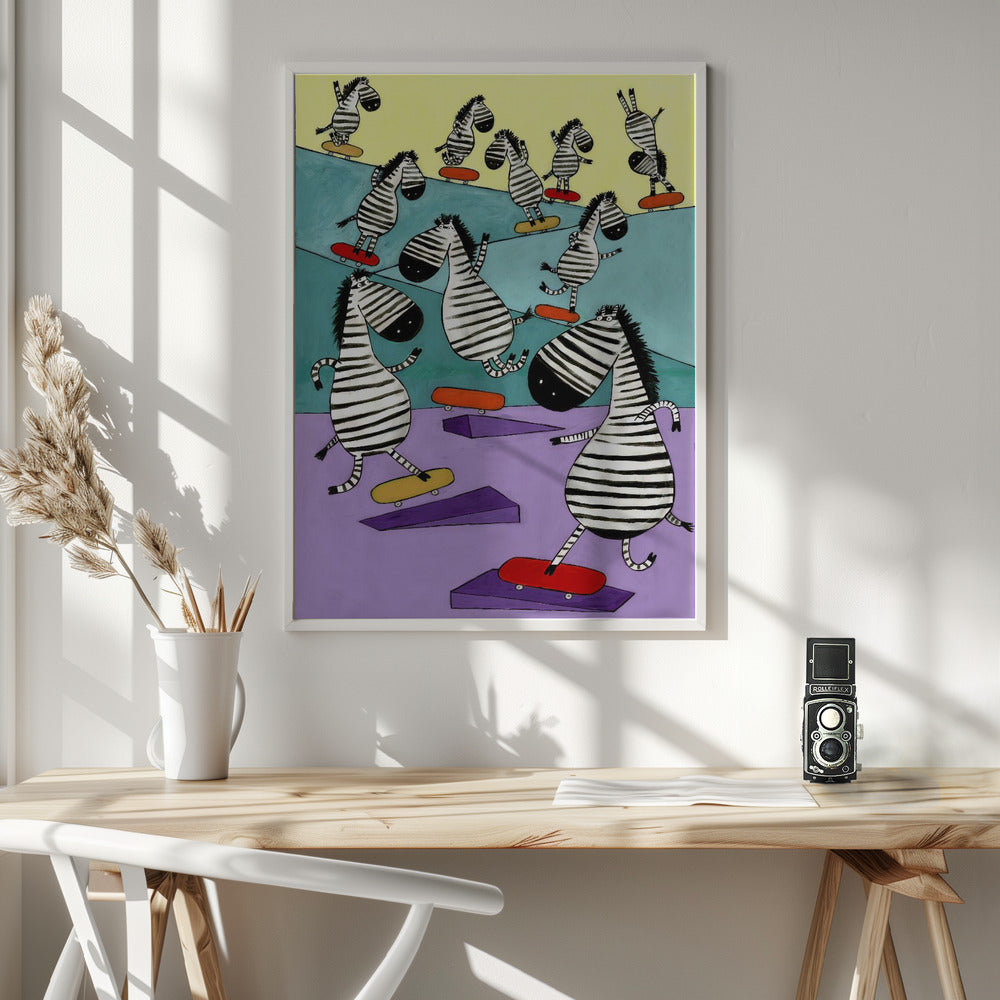 Hilarious Zebras in the Skatepark by Artist Carla Daly - Poster / Art Print - interiör