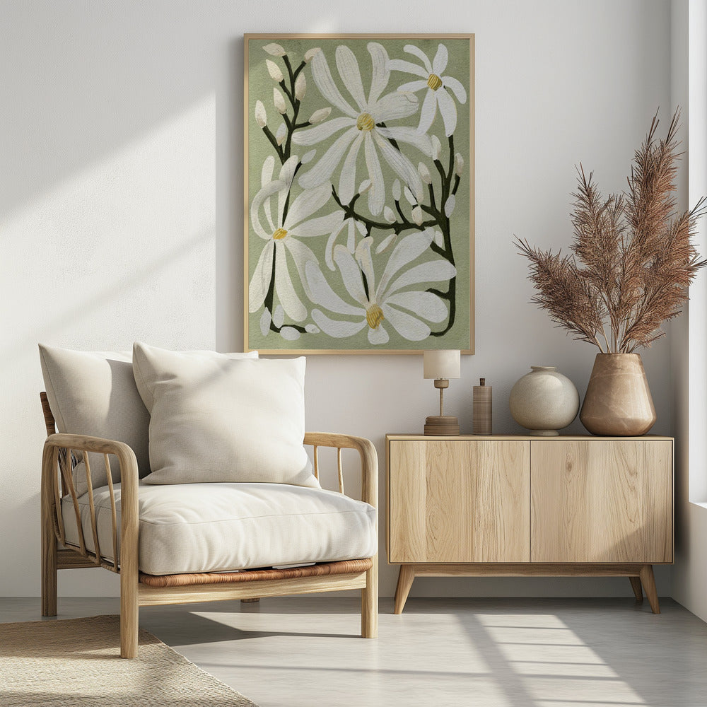 Star Magnolia Florals on Sage background - Poster / Art Print - interiör