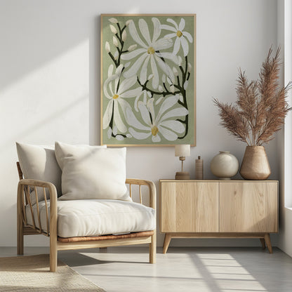Star Magnolia Florals on Sage background - Poster / Art Print - interiör