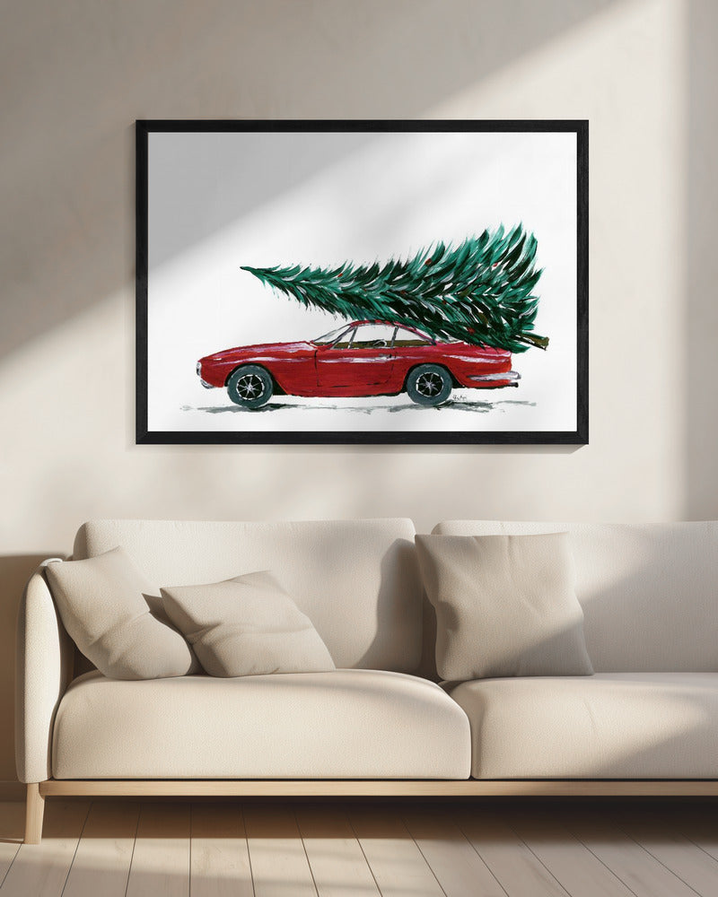 Eighties car carrying a Christmas tree - Poster / Art Print - interiör