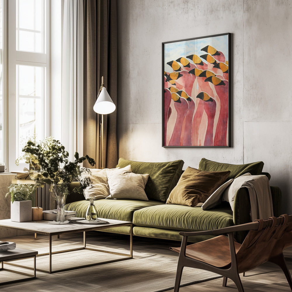 Group of Pink Flamingos With Heads Up - Poster / Art Print - interiör