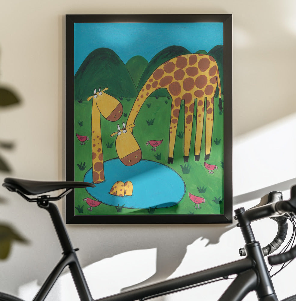 Mommy with Baby Giraffe in a Watering Hole by Artist Carla Daly - Poster / Art Print - interiör