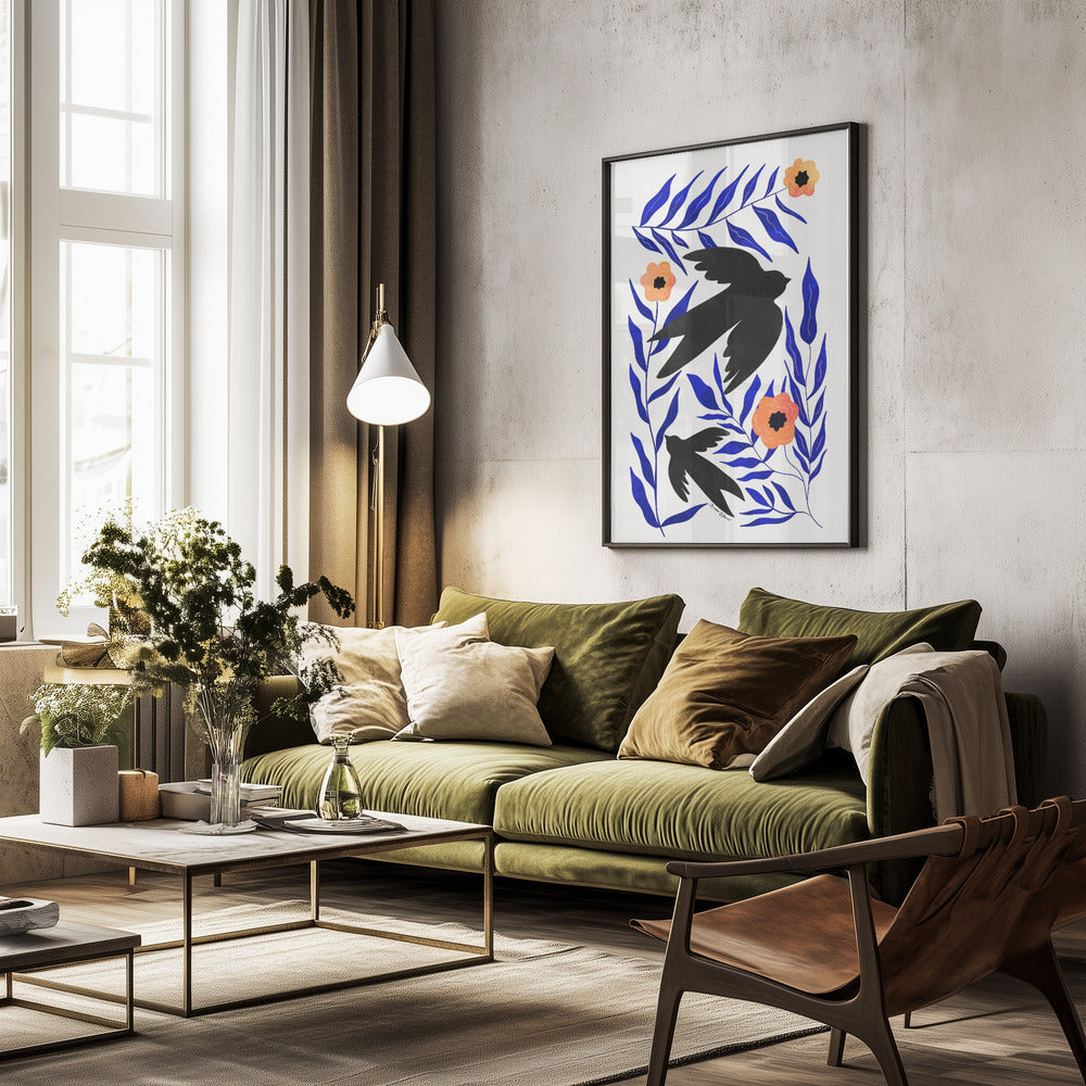 Swallow Flowers - Poster / Art Print - interiör