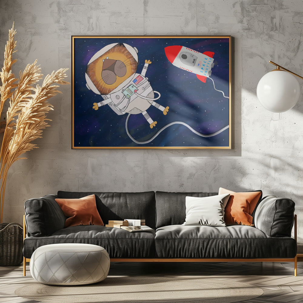Funny Lion Astronaut is Swirling in Space by Artist Carla Daly - Poster / Art Print - interiör