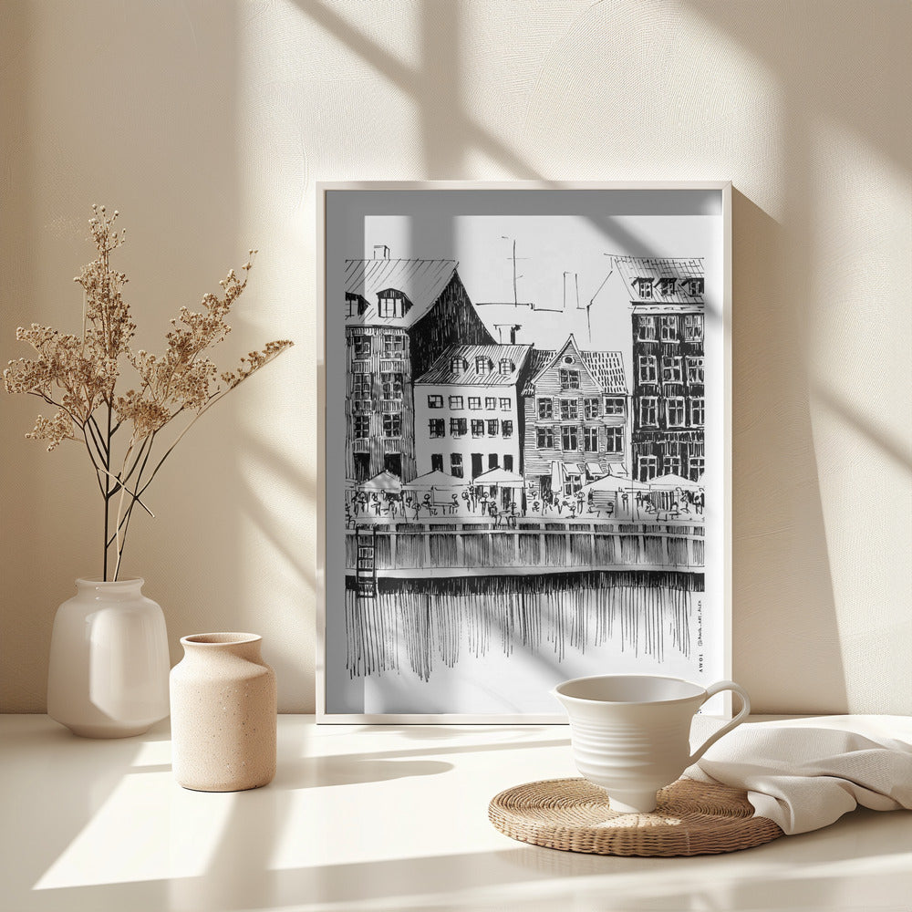 Nyhavn Canal: Copenhagen, Denmark City Drawing - Poster / Art Print - interiör