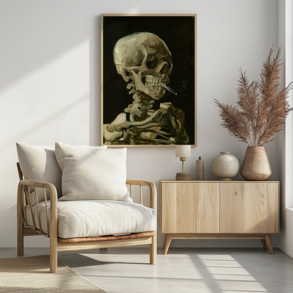 Head of a skeleton with a burning cigarette - Poster / Art Print - interiör