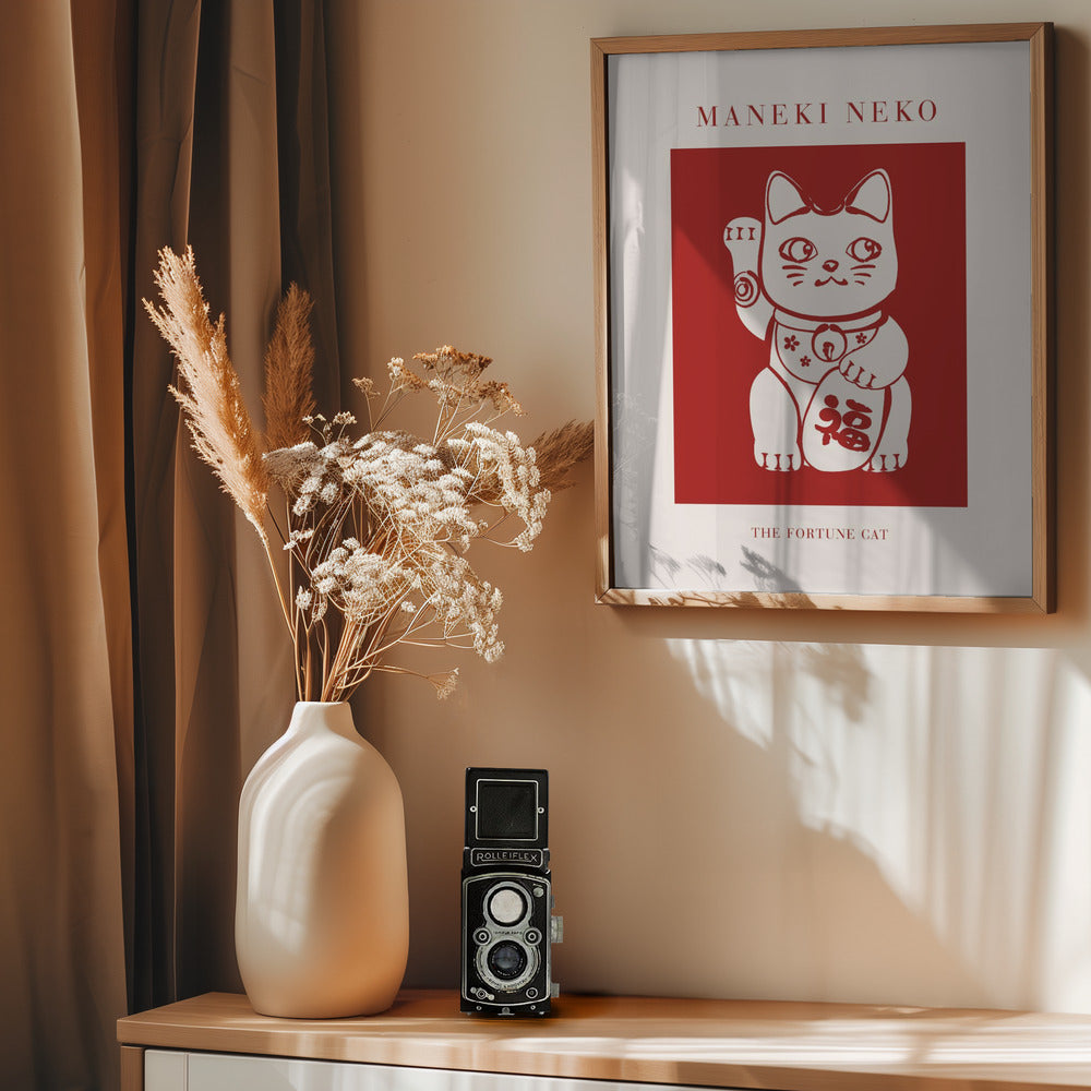 Maneki-Neko Cat Red - Poster / Art Print - interiör
