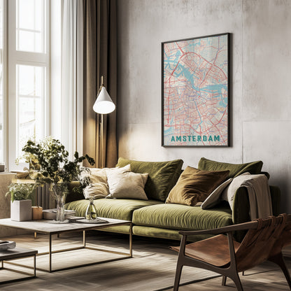 Retro Map   Amsterdam - Poster / Art Print - interiör