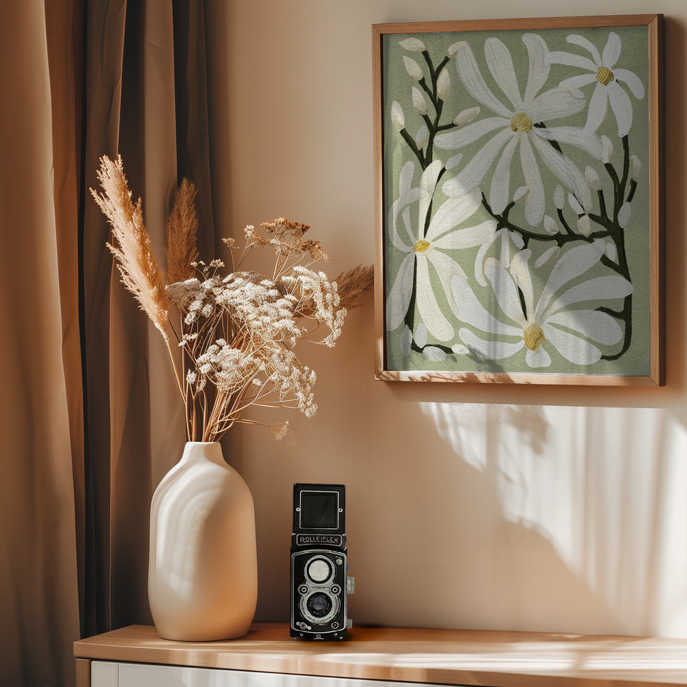 Star Magnolia Florals on Sage background - Poster / Art Print - interiör