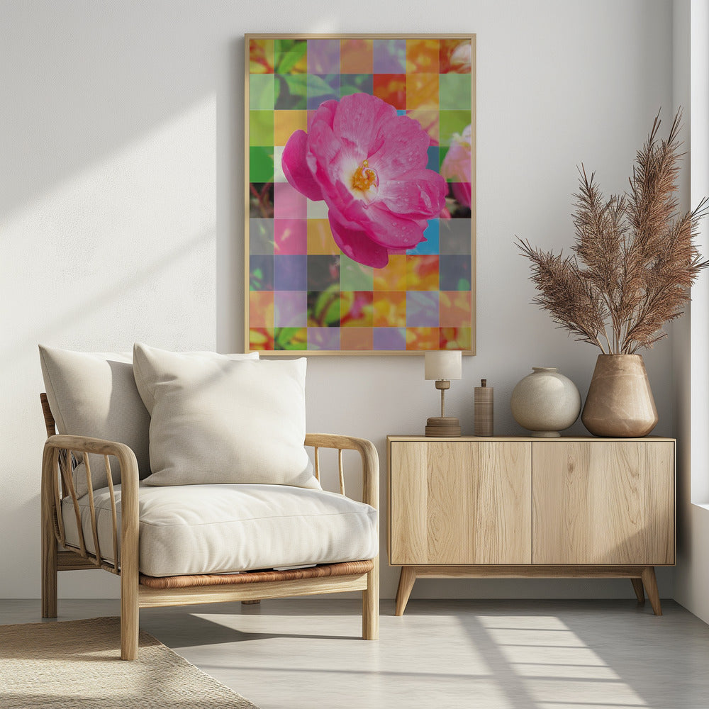 Vivid Pink Flower with Colorful Mosaic - Poster / Art Print - interiör