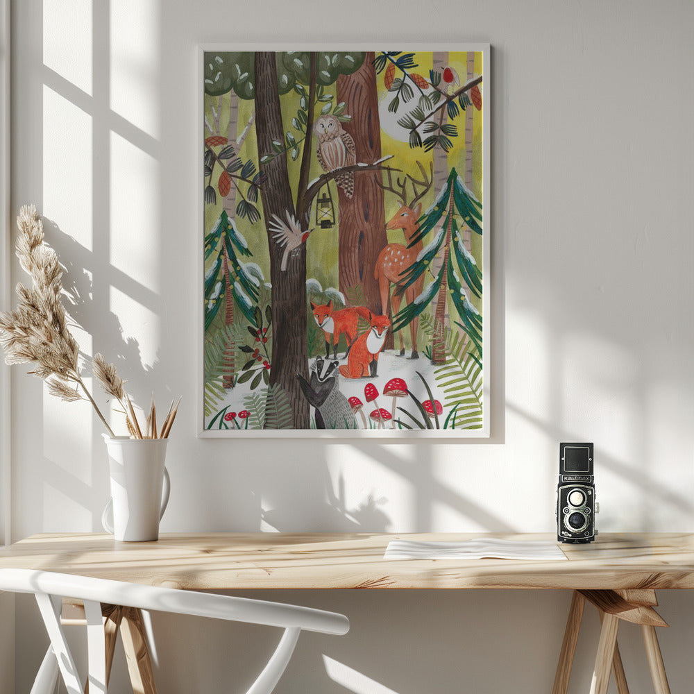 Green Christmas forest with animals - Poster / Art Print - interiör