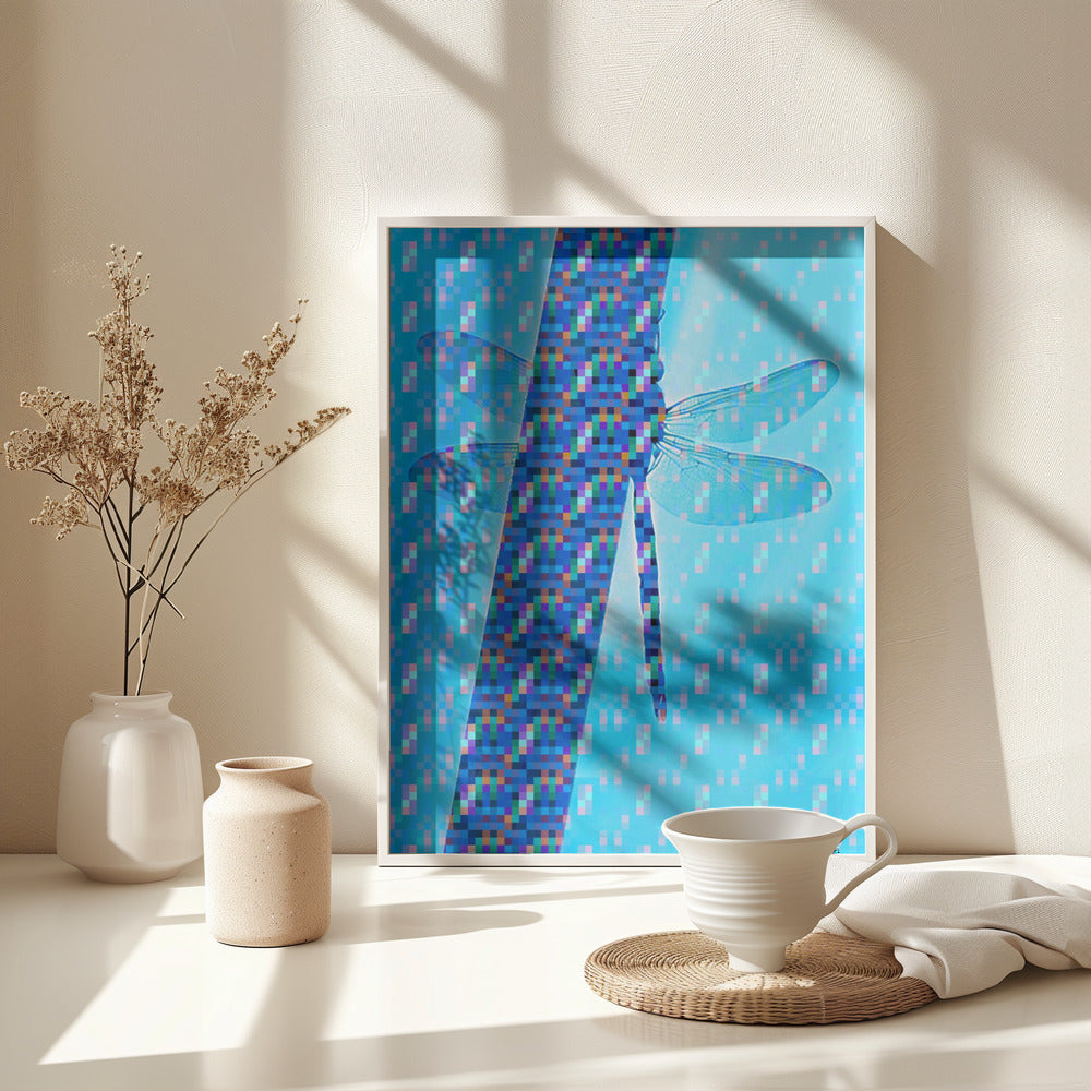 Dragonfly Silhouette with Vibrant Pixel Patterns - Poster / Art Print - interiör
