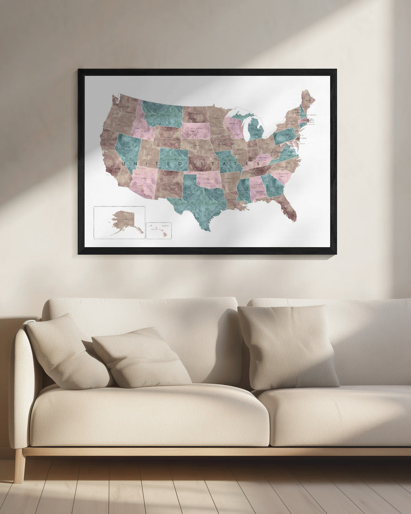 Pink and teal watercolor map of the US - Poster / Art Print - interiör