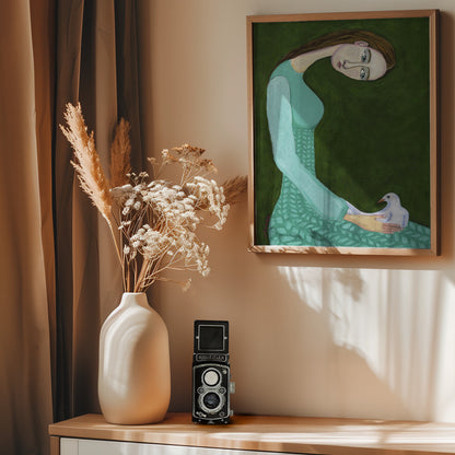 Lady sitting with white dove bird woman - Poster / Art Print - interiör