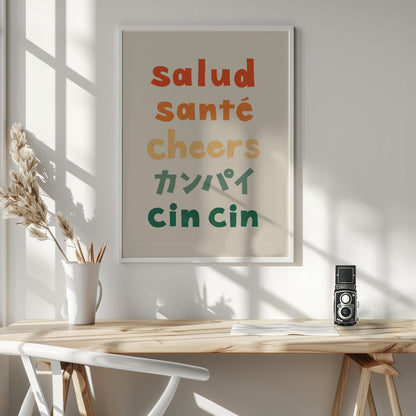 Cheers Typography - Salud Santé Cheers Kanpai Cin cin - Poster / Art Print - interiör