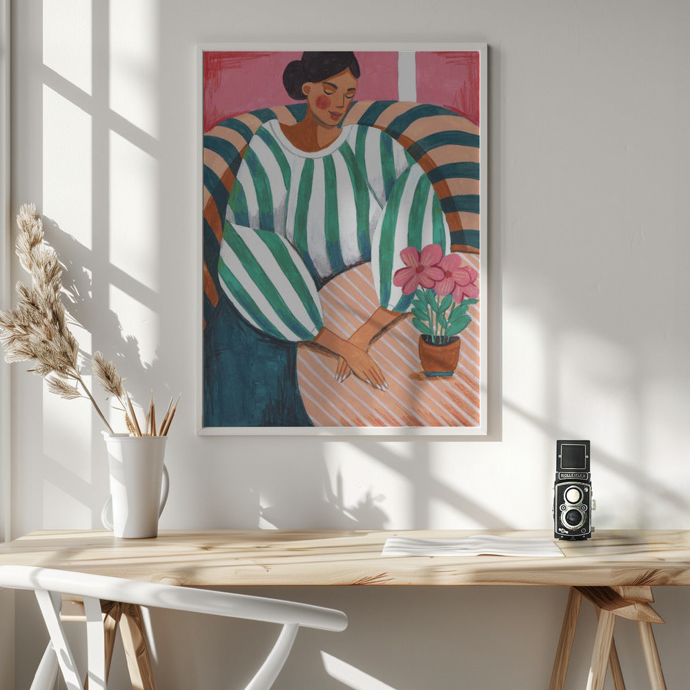 Woman in stripes in thought - Poster / Art Print - interiör