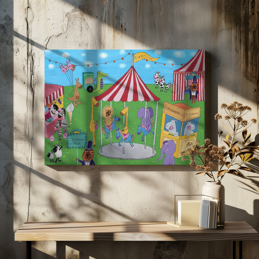 Welcome to the Carousel with Funny Animals by Artist Carla Daly - Poster / Art Print - interiör