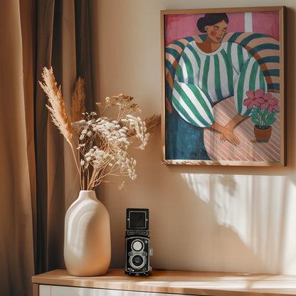 Woman in stripes in thought - Poster / Art Print - interiör