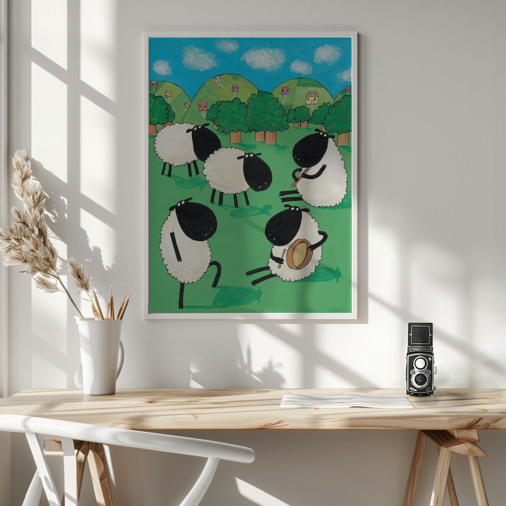Funny Sheep Dancing in a Green Field by Artist Carla Daly - Poster / Art Print - interiör