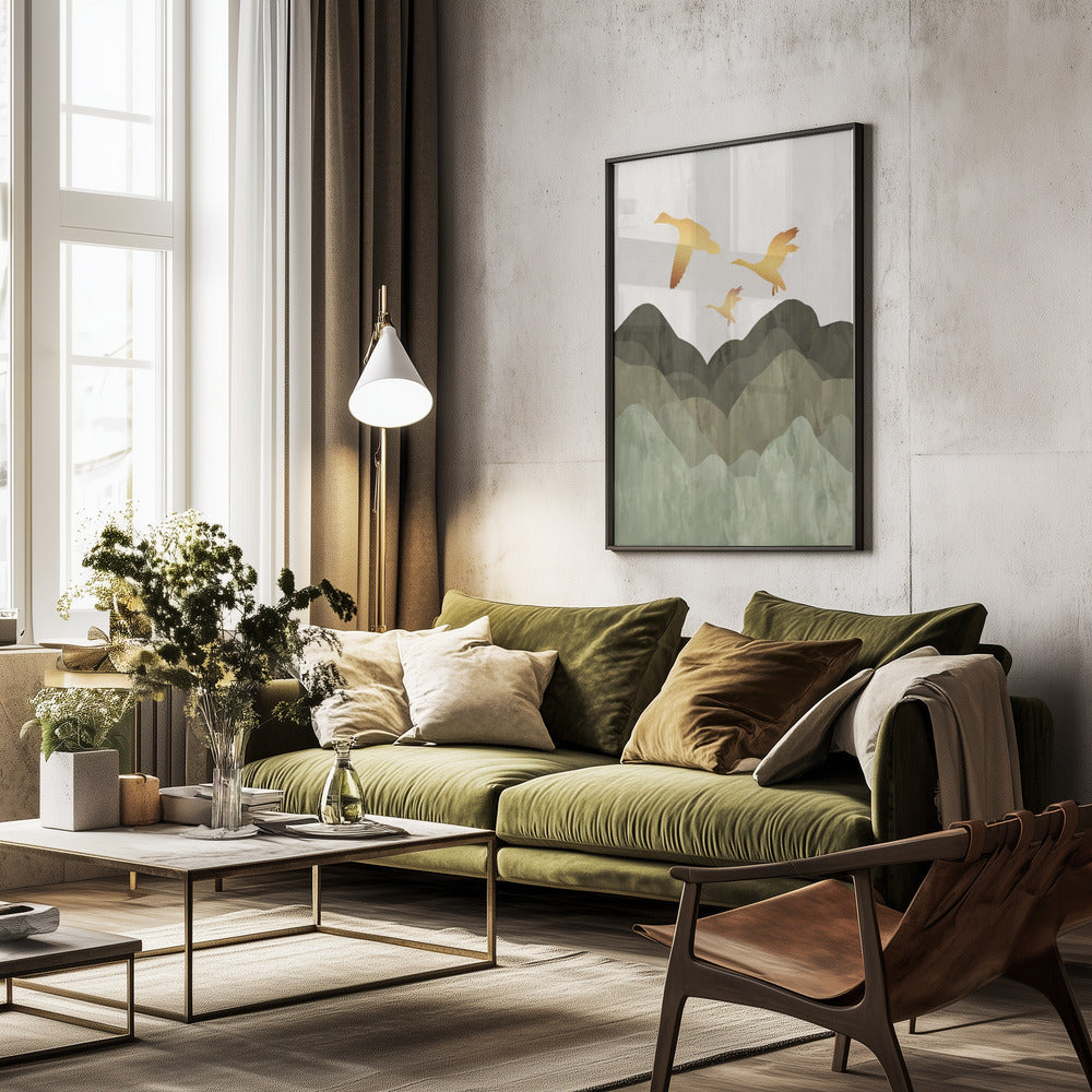 Golden Birds Flying Over Mountains - Poster / Art Print - interiör