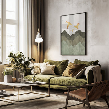 Golden Birds Flying Over Mountains - Poster / Art Print - interiör
