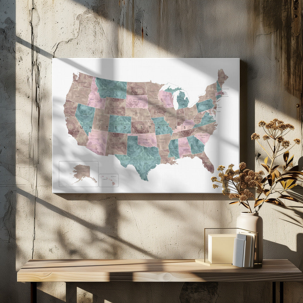Pink and teal watercolor map of the US - Poster / Art Print - interiör