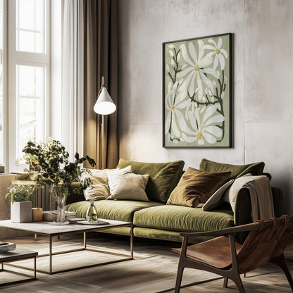 Star Magnolia Florals on Sage background - Poster / Art Print - interiör