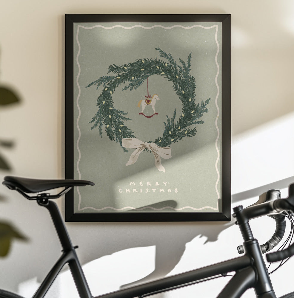 Horses toy on Christmas wreath with bow - Poster / Art Print - interiör
