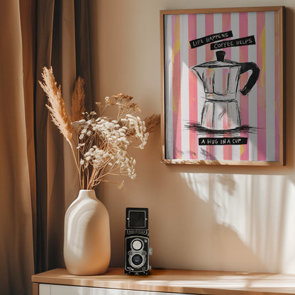 Mocca Coffee on Stripes - Hug in a Cup - Poster / Art Print - interiör
