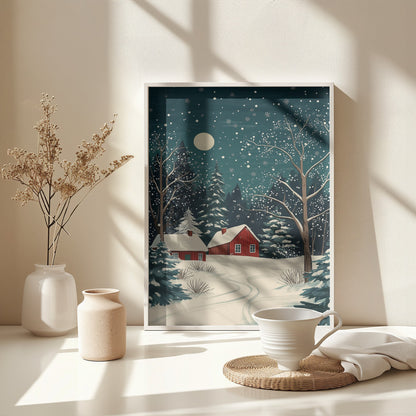 Red Houses and Snowy night sky - Poster / Art Print - interiör