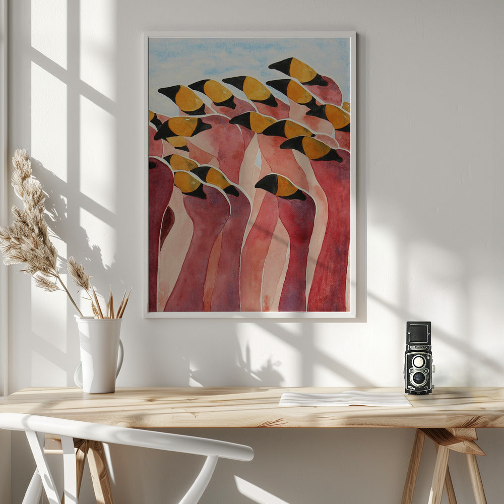 Group of Pink Flamingos With Heads Up - Poster / Art Print - interiör