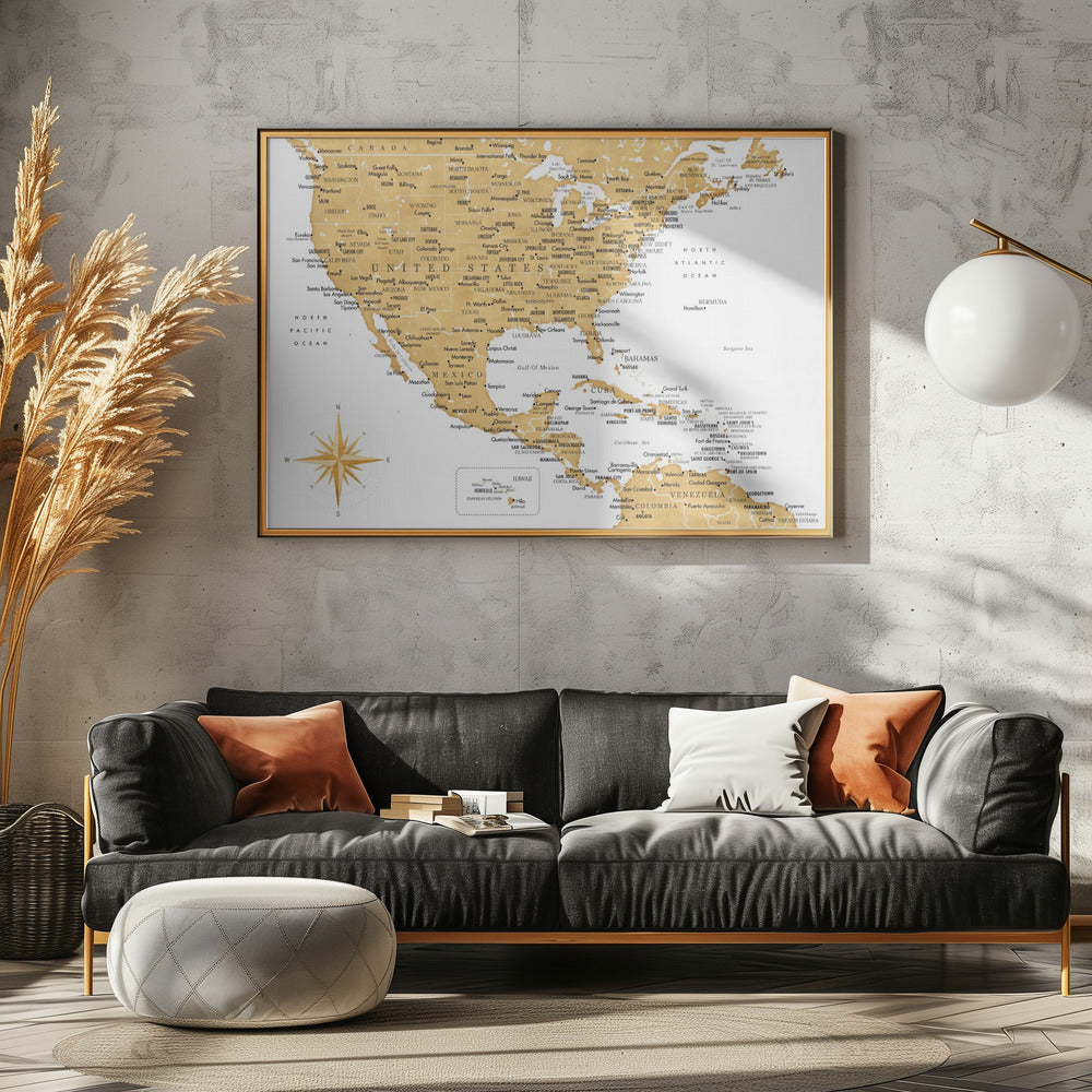 Gyllene karta av USA och Mexico - Poster / Art Print - interiör