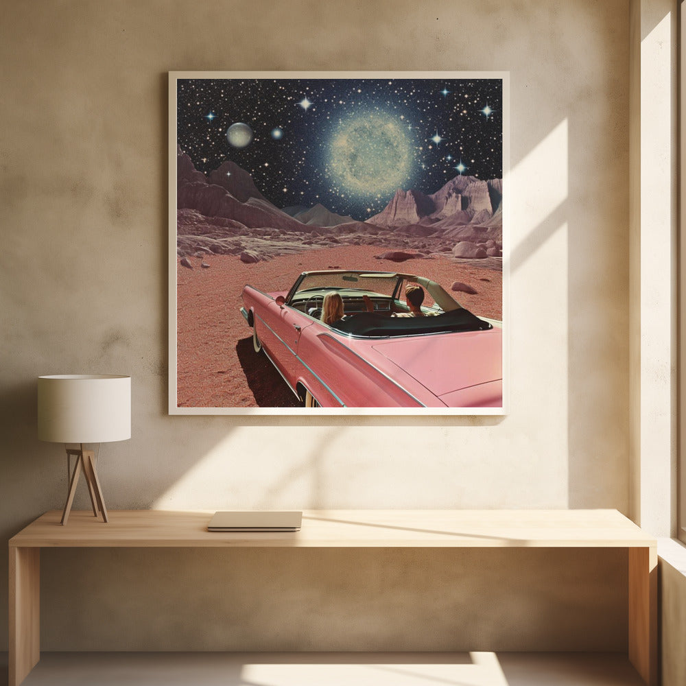 Pink Vintage Car In Space Collage Art 2 - Poster / Art Print - interiör