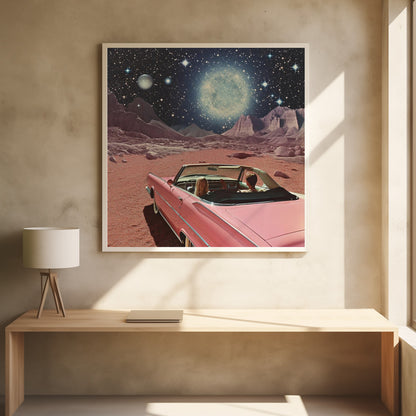 Pink Vintage Car In Space Collage Art 2 - Poster / Art Print - interiör