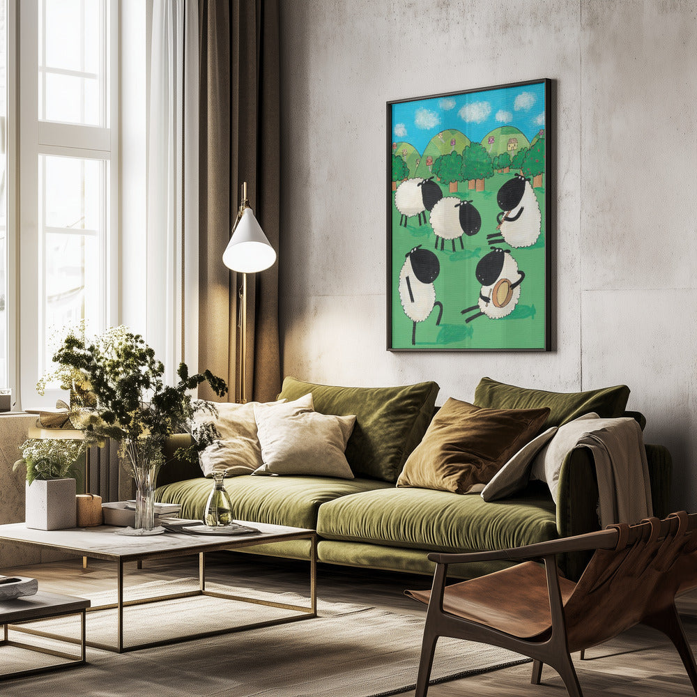 Funny Sheep Dancing in a Green Field by Artist Carla Daly - Poster / Art Print - interiör