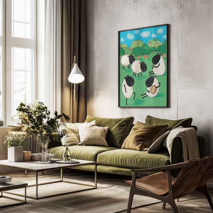 Funny Sheep Dancing in a Green Field by Artist Carla Daly - Poster / Art Print - interiör