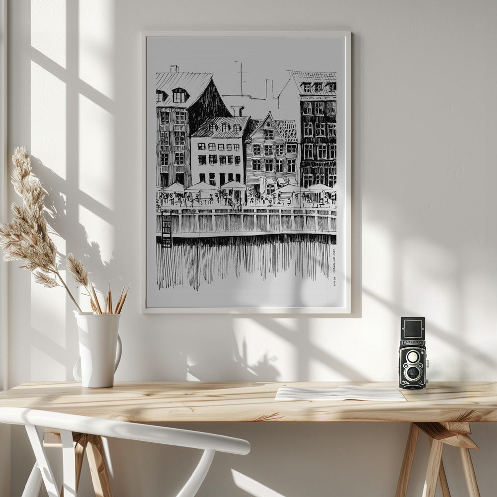 Nyhavn Canal: Copenhagen, Denmark City Drawing - Poster / Art Print - interiör